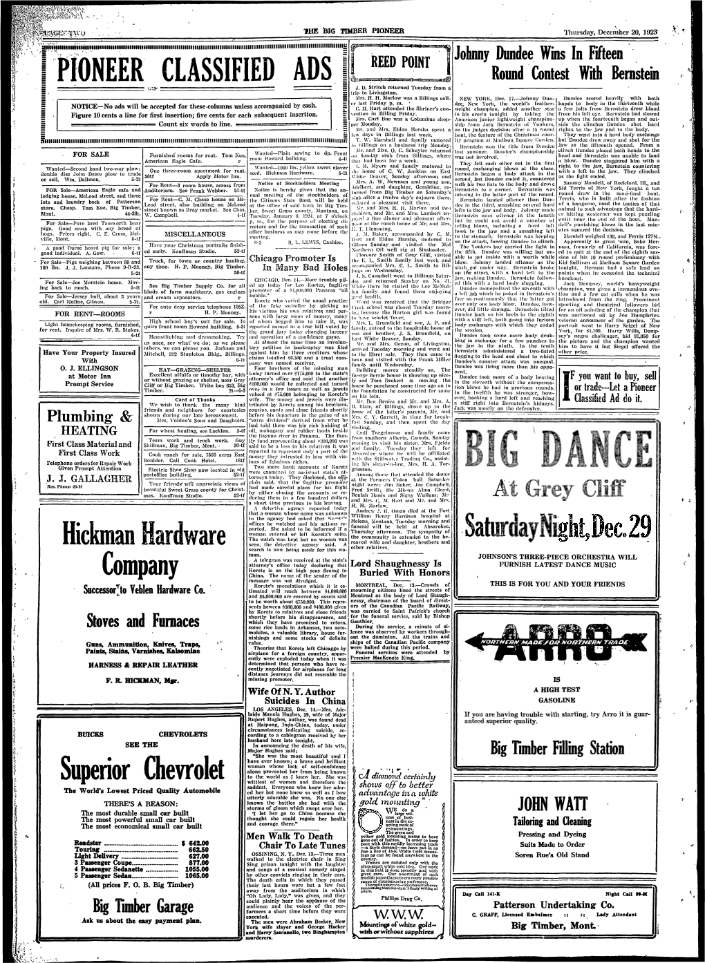 PIONEER CLASSIFIED ADS Hickman Hardware Company Superior