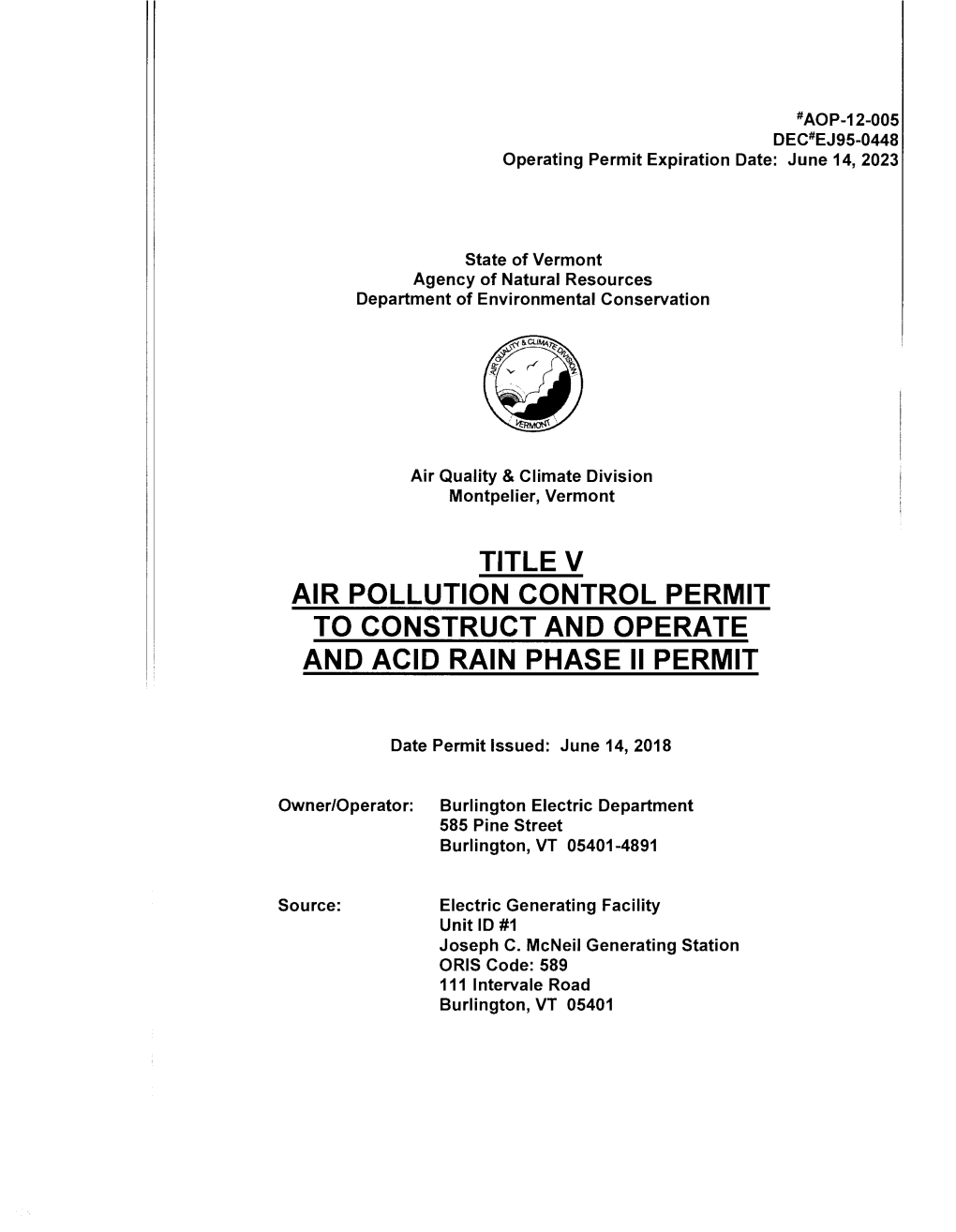 Title V Air Pollution Control Permit to Construct and Operate and Acid Rain Phase Ii Permit