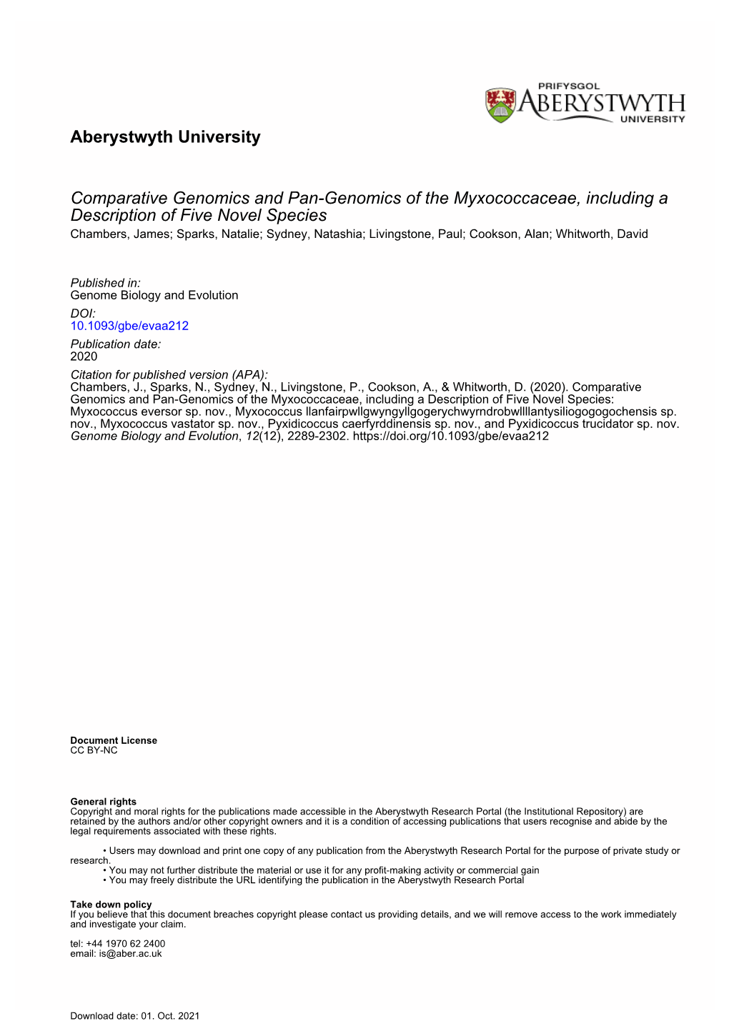 Aberystwyth University Comparative Genomics and Pan-Genomics of the Myxococcaceae, Including a Description of Five Novel Species