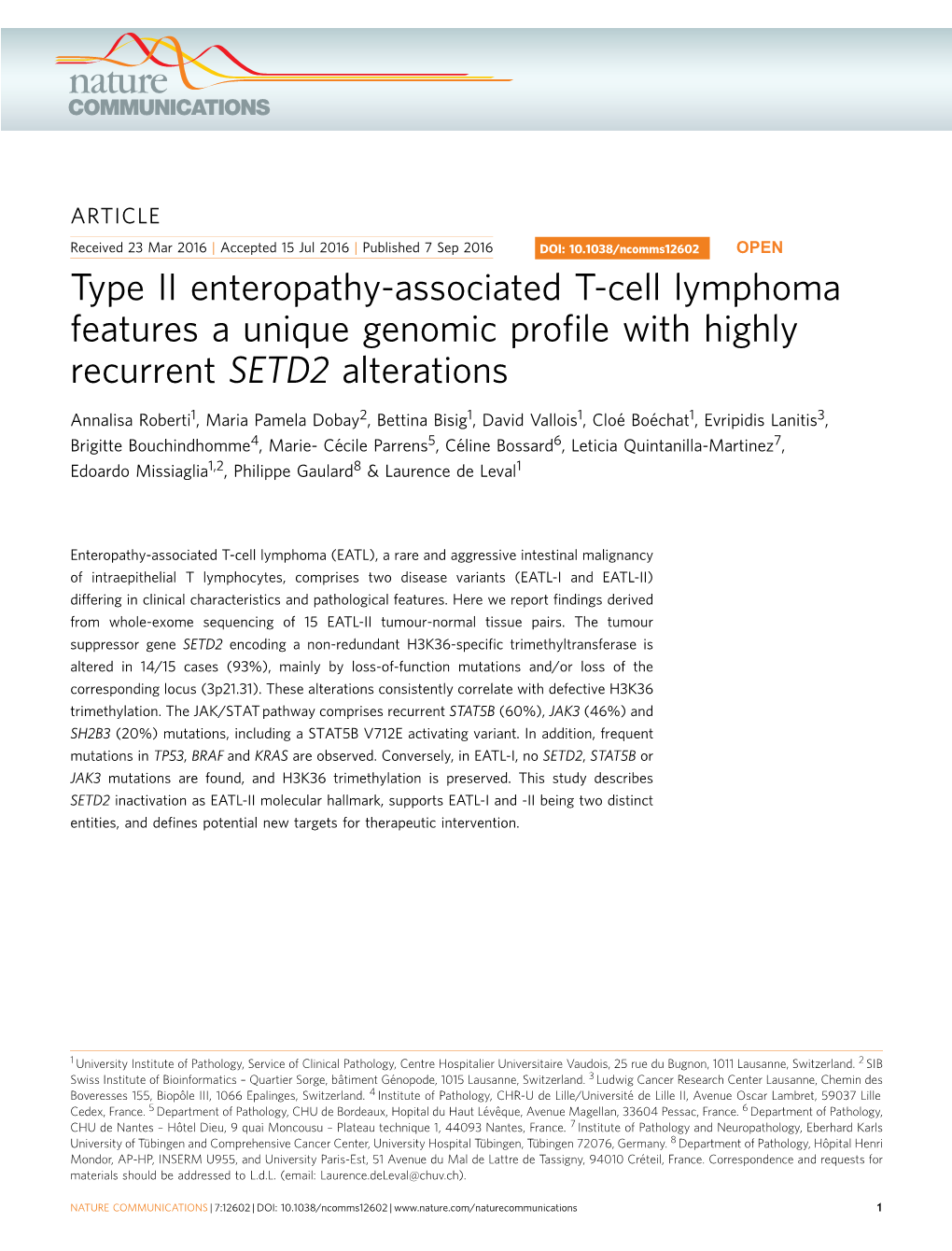 Type II Enteropathy-Associated T-Cell Lymphoma Features a Unique Genomic Profile with Highly Recurrent SETD2 Alterations