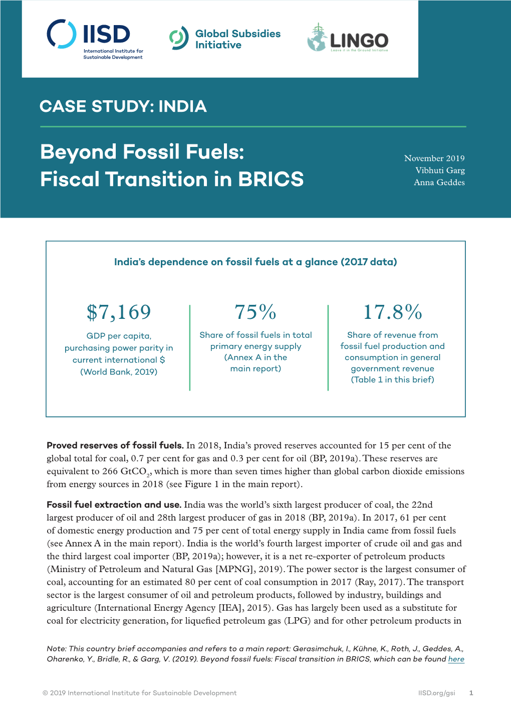 Beyond Fossil Fuels: November 2019 Vibhuti Garg Fiscal Transition in BRICS Anna Geddes