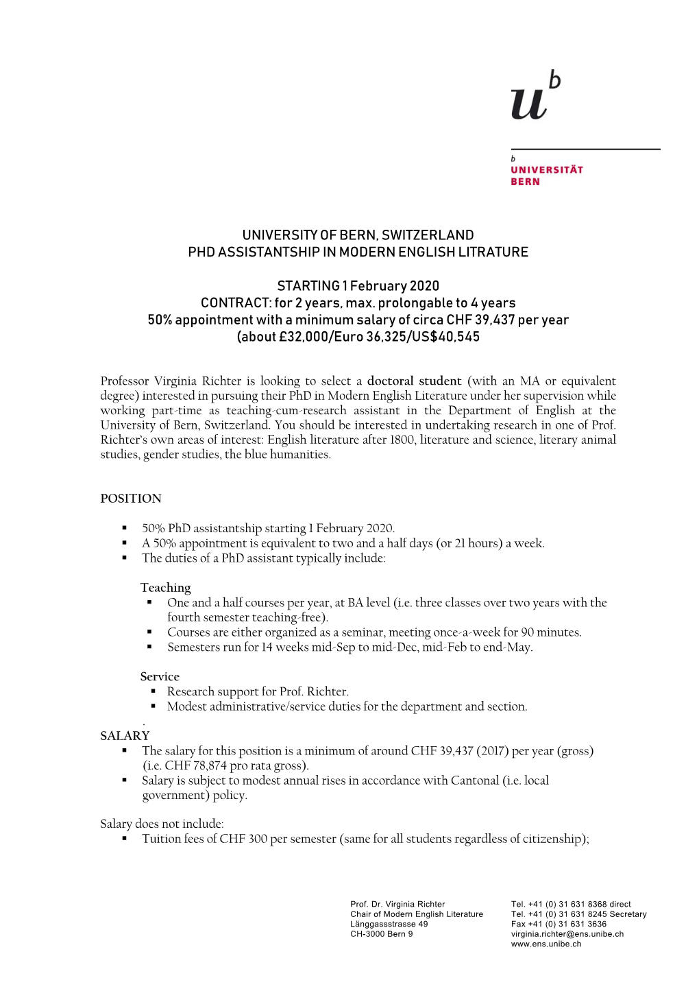 University of Bern, Switzerland Phd Assistantship in Modern English Litrature