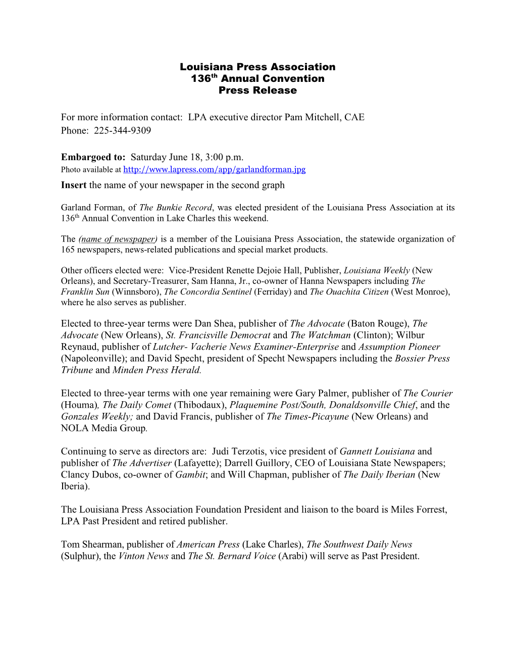 Louisiana Press Association 136Th Annual Convention Press Release