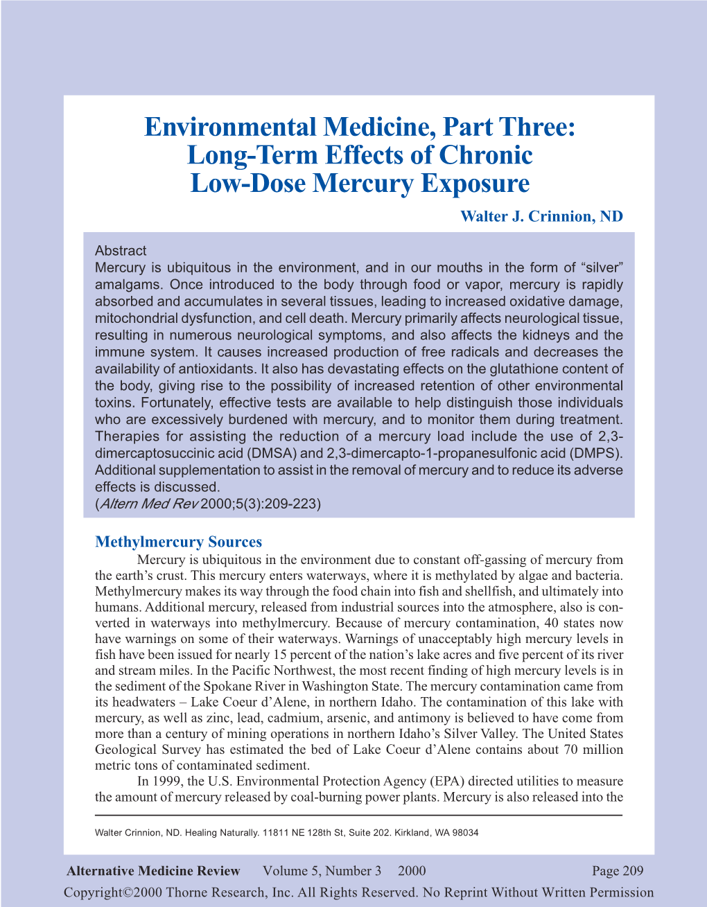 Environmental Medicine, Part Three: Long-Term Effects of Chronic Low-Dose Mercury Exposure Walter J