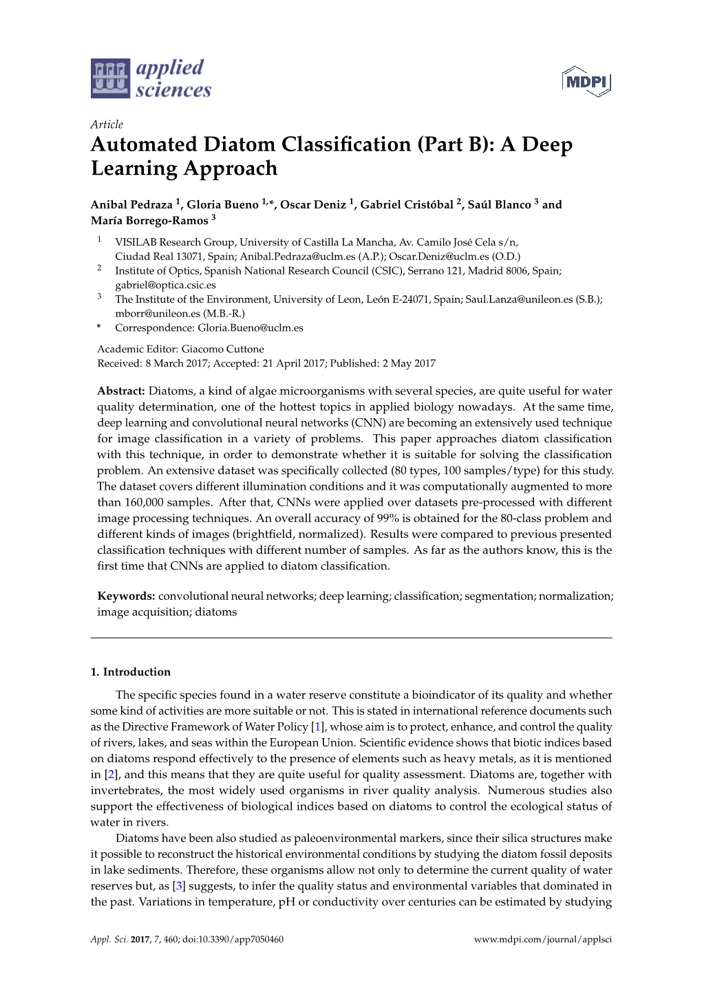 Automated Diatom Classification (Part B): a Deep Learning Approach