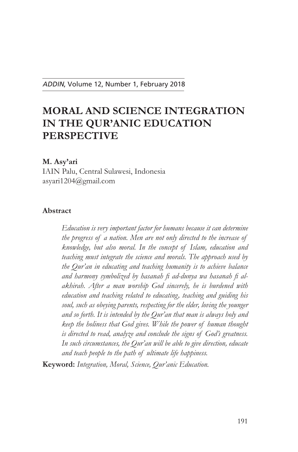 Moral and Science Integration in the Qur'anic Education Perspective