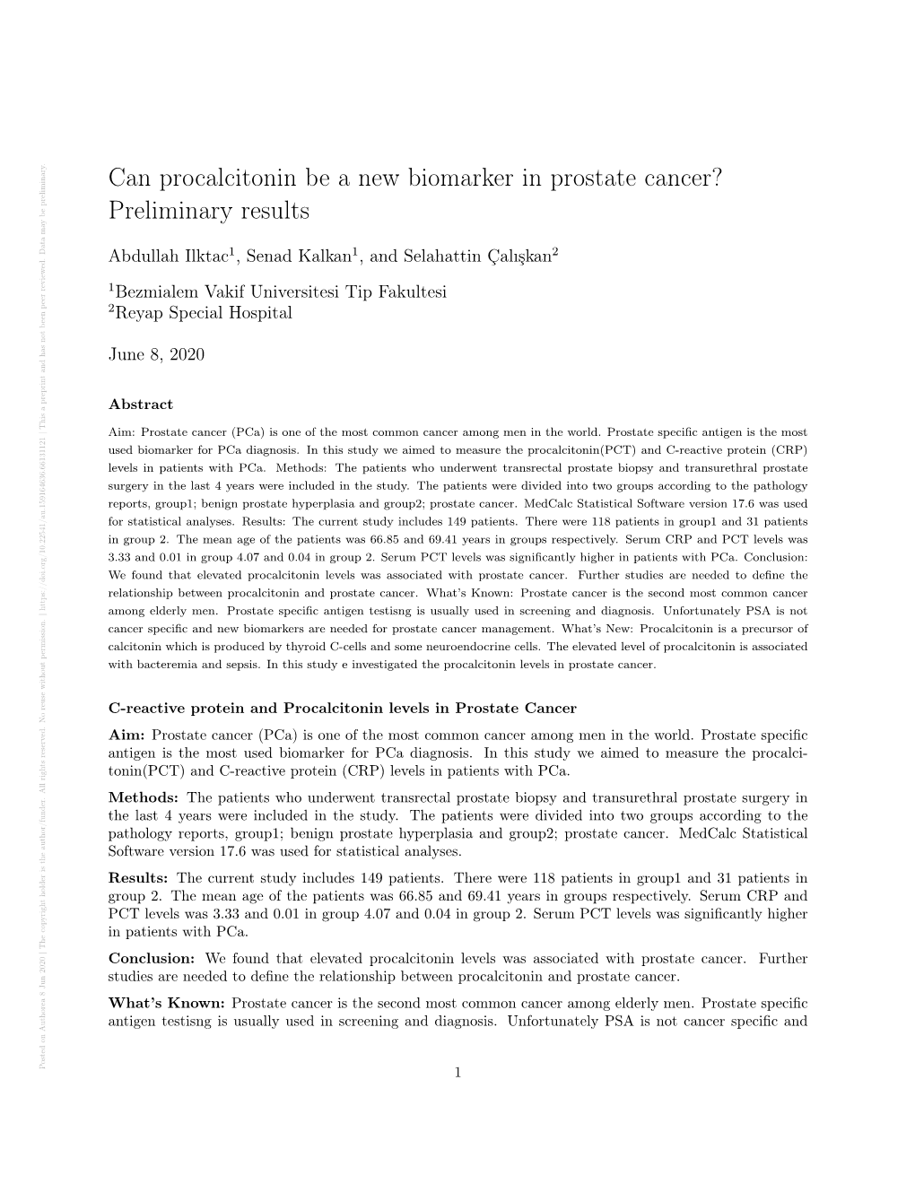 Can Procalcitonin Be a New Biomarker in Prostate Cancer?