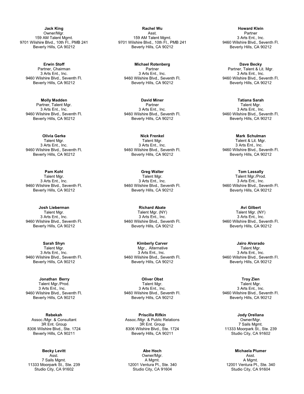 Jack King Owner/Mgr. 159 AM Talent Mgmt. 9701 Wilshire Blvd., 10Th Fl., PMB 241 Beverly Hills, CA 90212 Rachel Wu Asst. 159 AM T