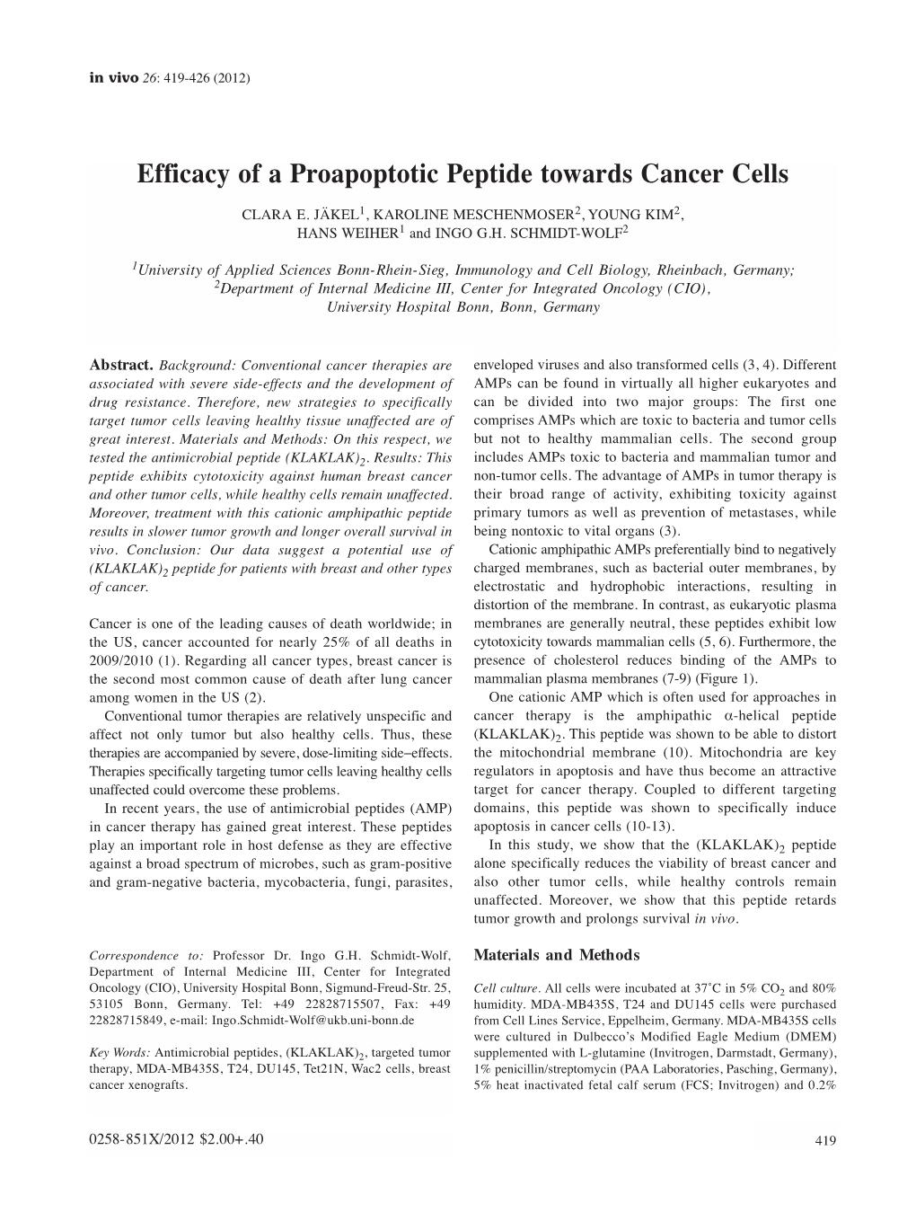 Efficacy of a Proapoptotic Peptide Towards Cancer Cells