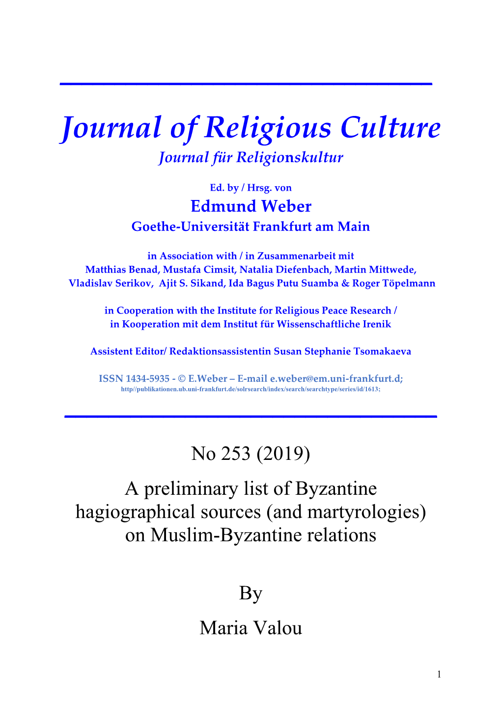 Journal of Religious Culture Journal Für Religionskultur