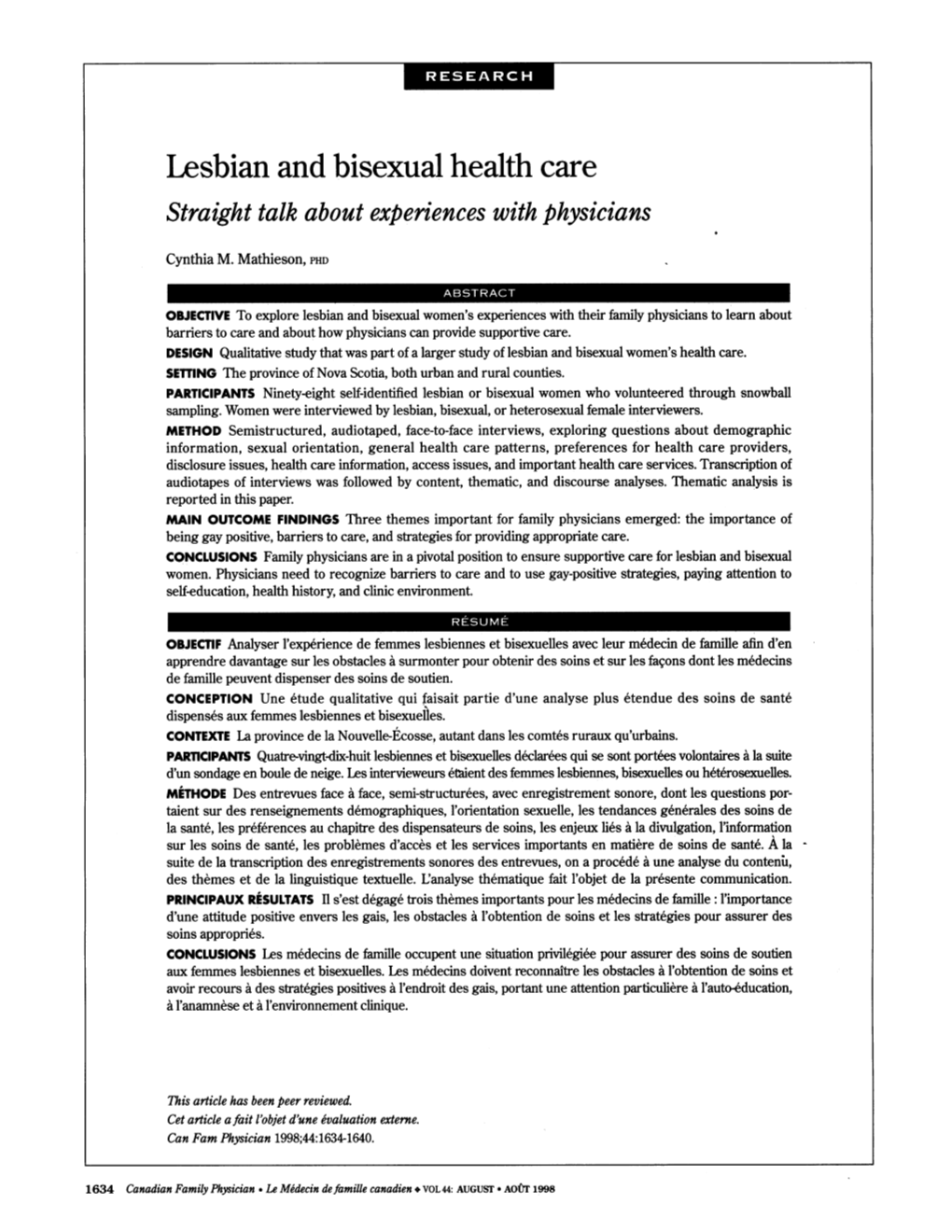 Lesbian and Bisexual Health Care Straight Talk About Experiences with Physicians