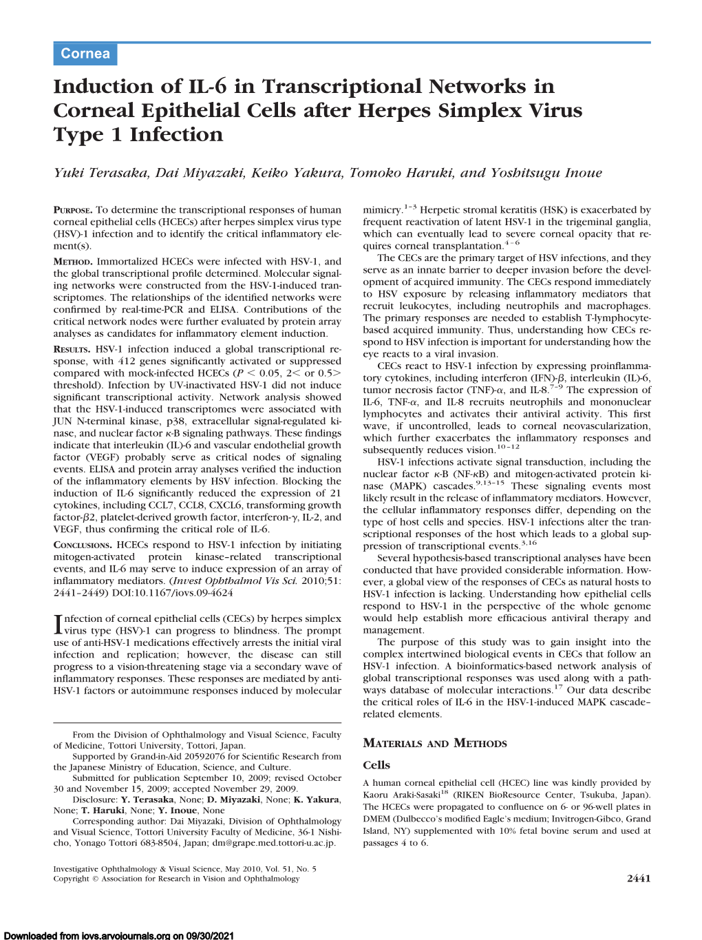 Induction of IL-6 in Transcriptional Networks in Corneal Epithelial Cells After Herpes Simplex Virus Type 1 Infection