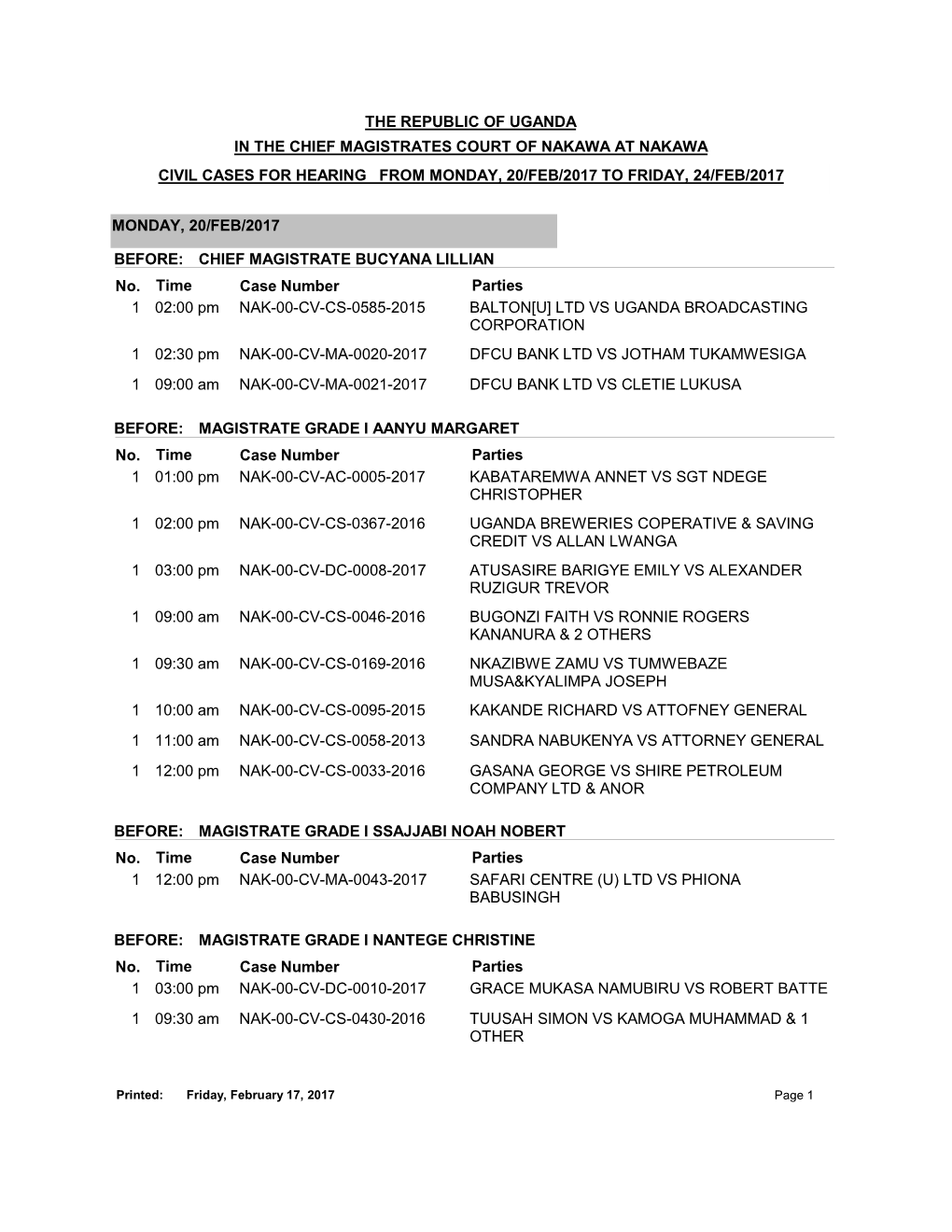 The Republic of Uganda in the Chief Magistrates Court of Nakawa at Nakawa Civil Cases for Hearing from Monday, 20/Feb/2017 to Friday, 24/Feb/2017