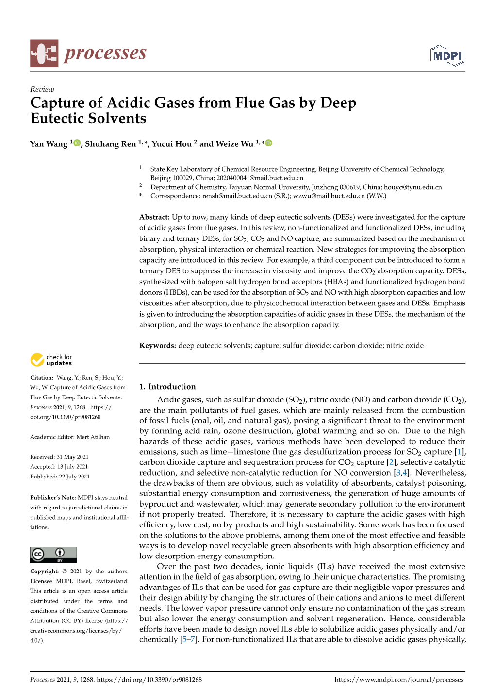 Capture of Acidic Gases from Flue Gas by Deep Eutectic Solvents