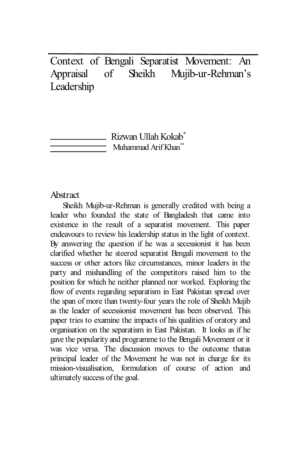 An Appraisal of Sheikh Mujib-Ur-Rehman's Leadership