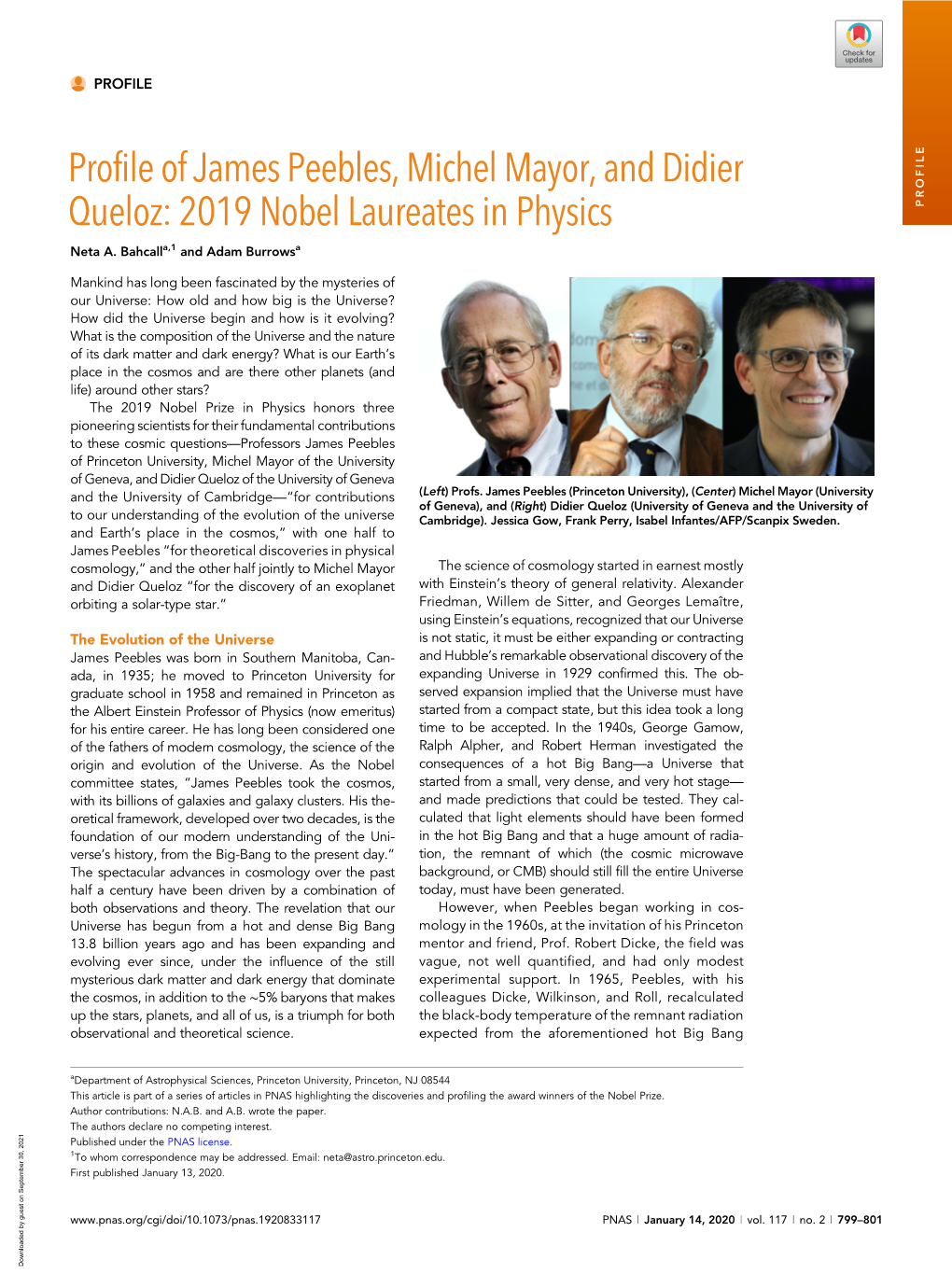 Profile of James Peebles, Michel Mayor, and Didier Queloz: 2019 Nobel Laureates in Physics