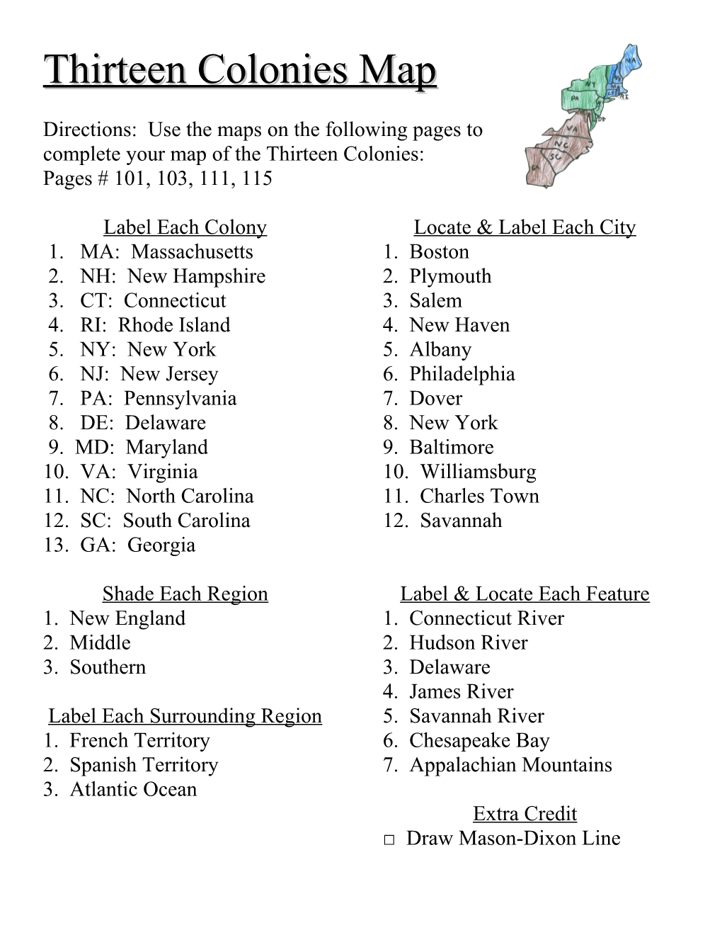 Thirteen Colonies Map