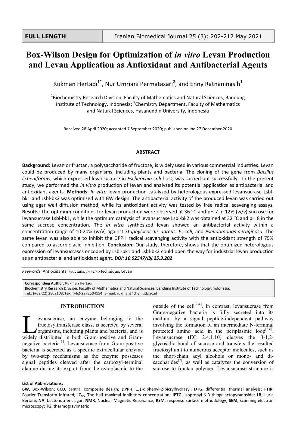 Box-Wilson Design for Optimization of in Vitro Levan Production and Levan Application As Antioxidant and Antibacterial Agents