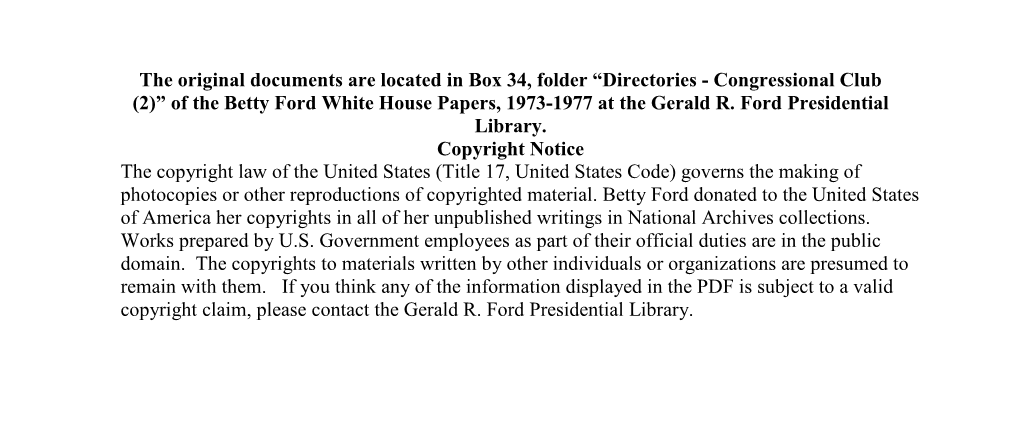 Directories - Congressional Club (2)” of the Betty Ford White House Papers, 1973-1977 at the Gerald R