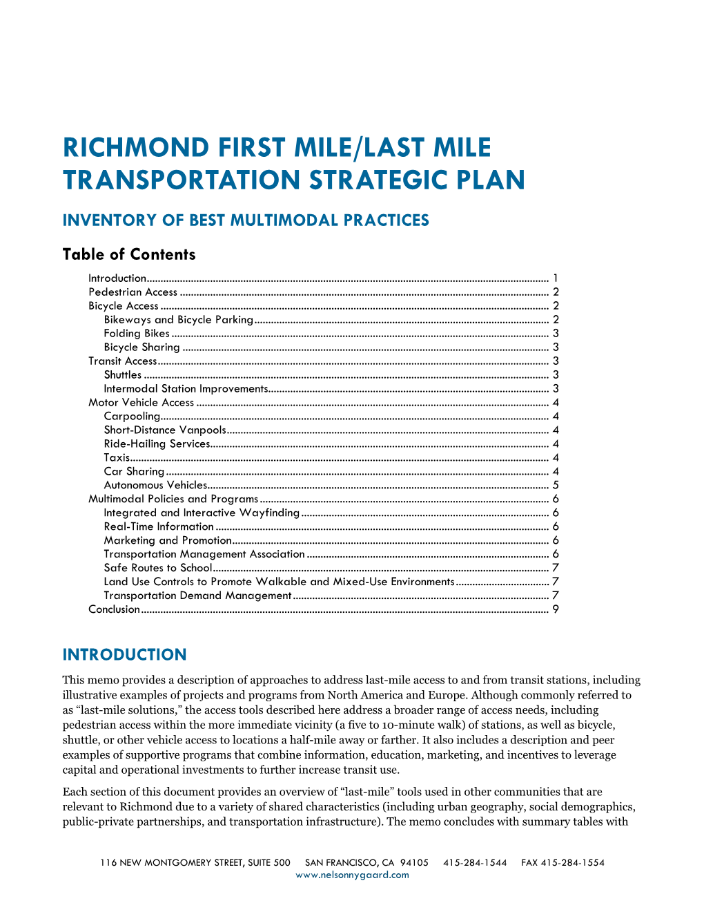 RICHMOND FIRST MILE/LAST MILE TRANSPORTATION STRATEGIC PLAN INVENTORY of BEST MULTIMODAL PRACTICES Table of Contents Introduction