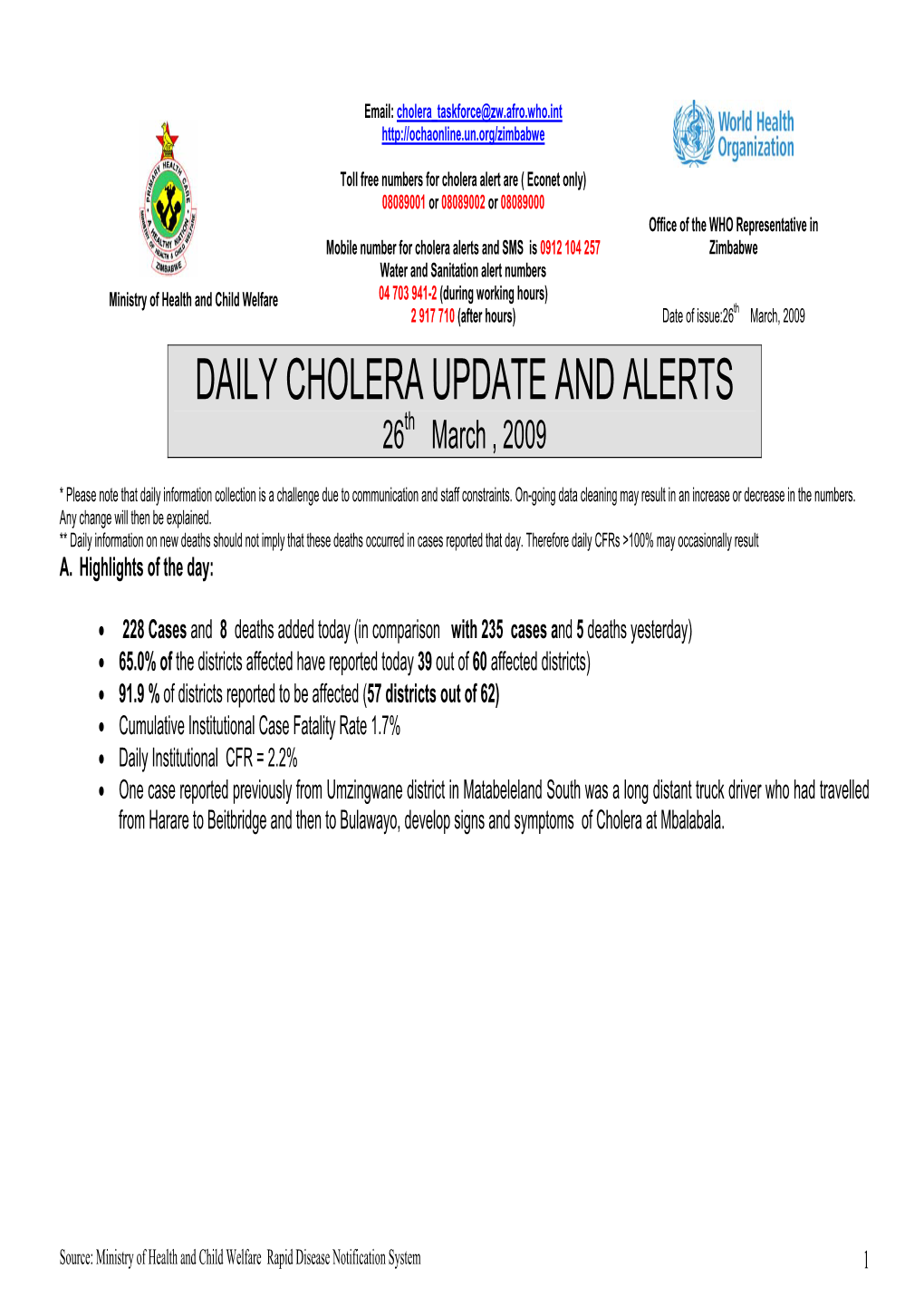 DAILY CHOLERA UPDATE and ALERTS 26Th March , 2009