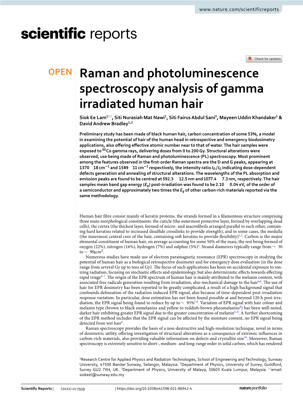 Raman and Photoluminescence Spectroscopy Analysis of Gamma Irradiated Human Hair