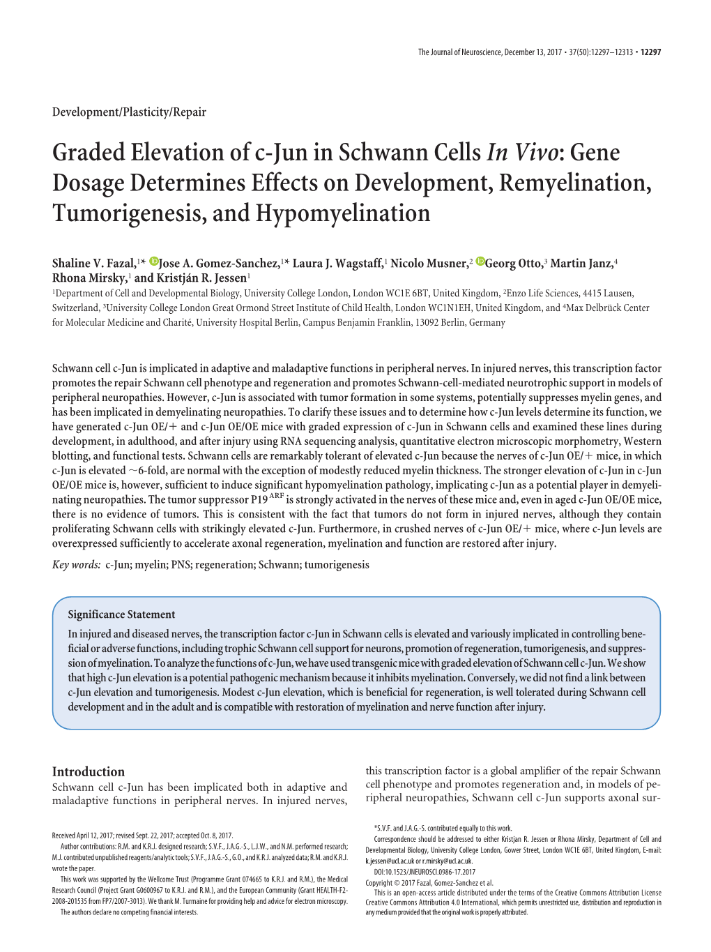 Graded Elevation of C-Jun in Schwann Cells in Vivo: Gene Dosage Determines Effects on Development, Remyelination, Tumorigenesis, and Hypomyelination