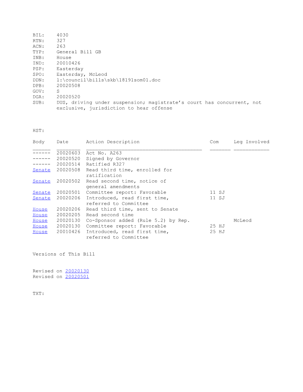 2001-2002 Bill 4030: DUS, Driving Under Suspension; Magistrate S Court Has Concurrent