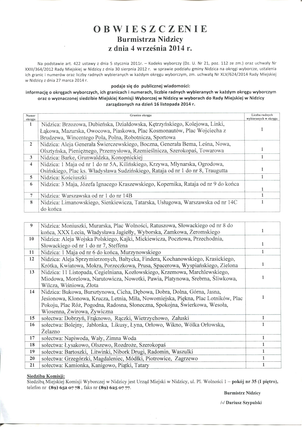 OBWIESZCZENIE Burmistrza Nidzicy Z Dnia 4 Września 2014 R