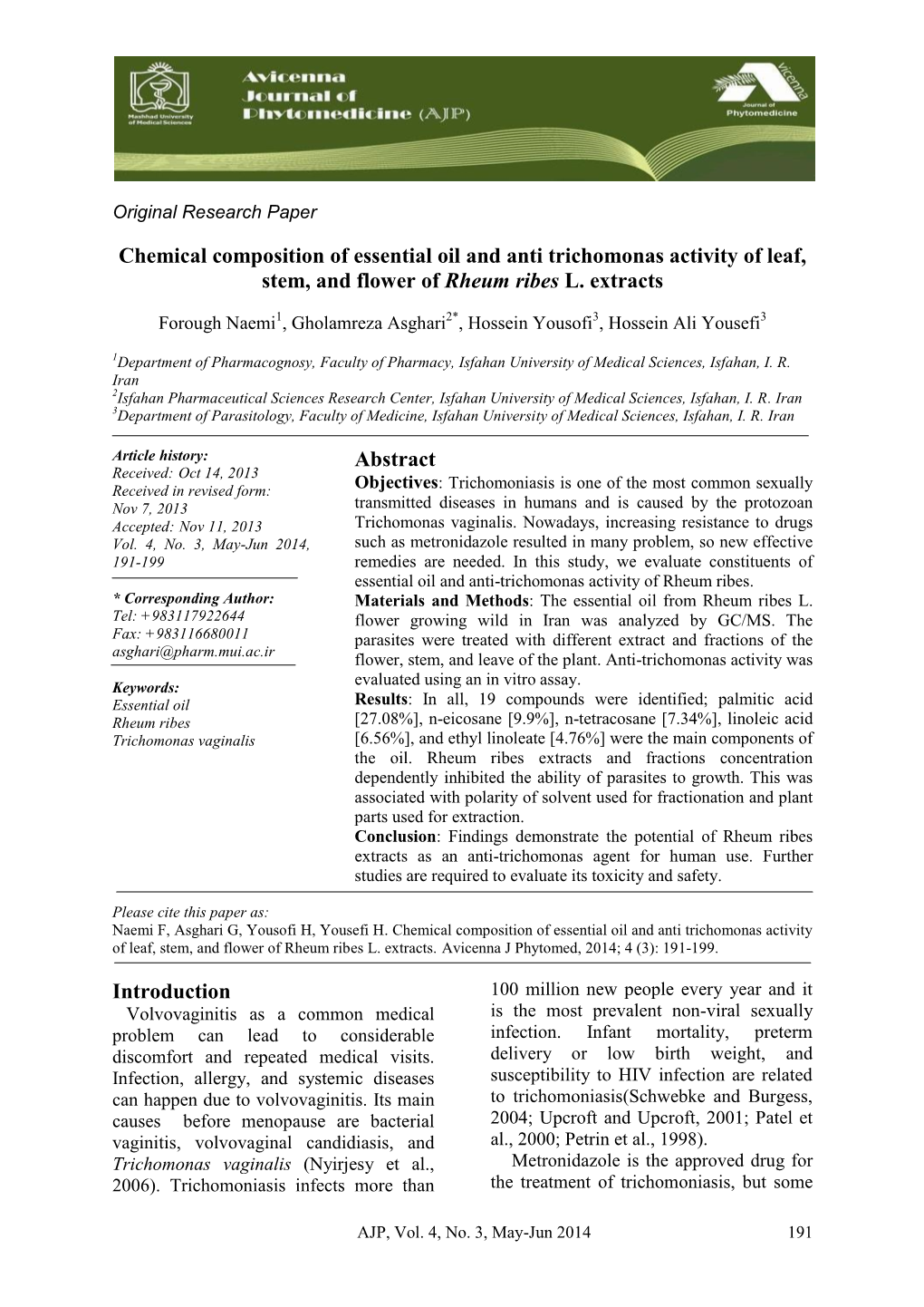 Chemical Composition of Essential Oil and Anti Trichomonas Activity of Leaf, Stem, and Flower of Rheum Ribes L. Extracts Abstrac