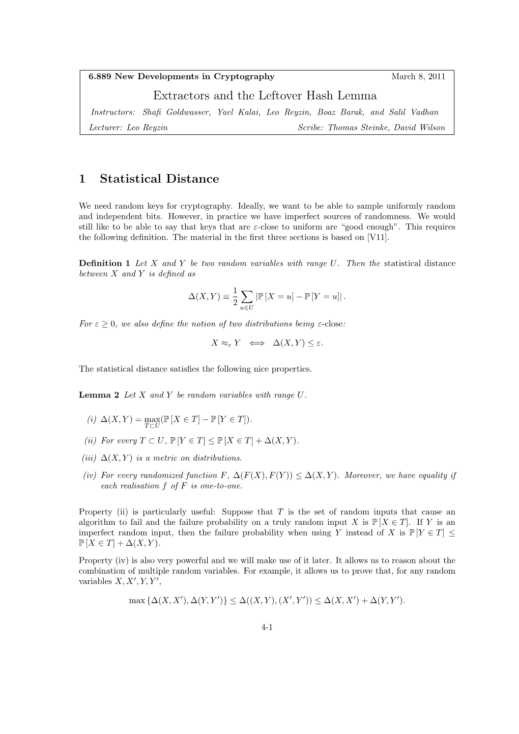 Extractors and the Leftover Hash Lemma 1 Statistical Distance