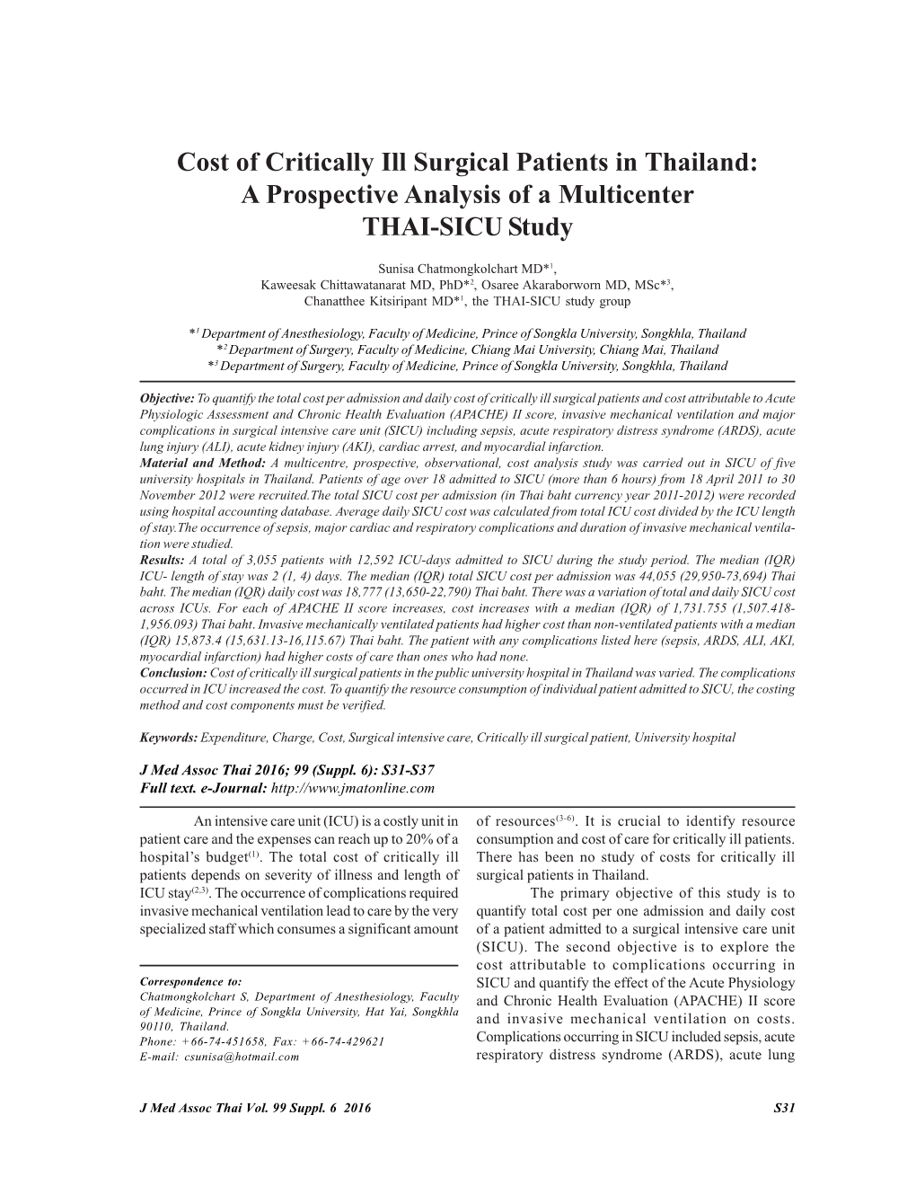 Cost of Critically Ill Surgical Patients in Thailand: a Prospective Analysis of a Multicenter THAI-SICU Study