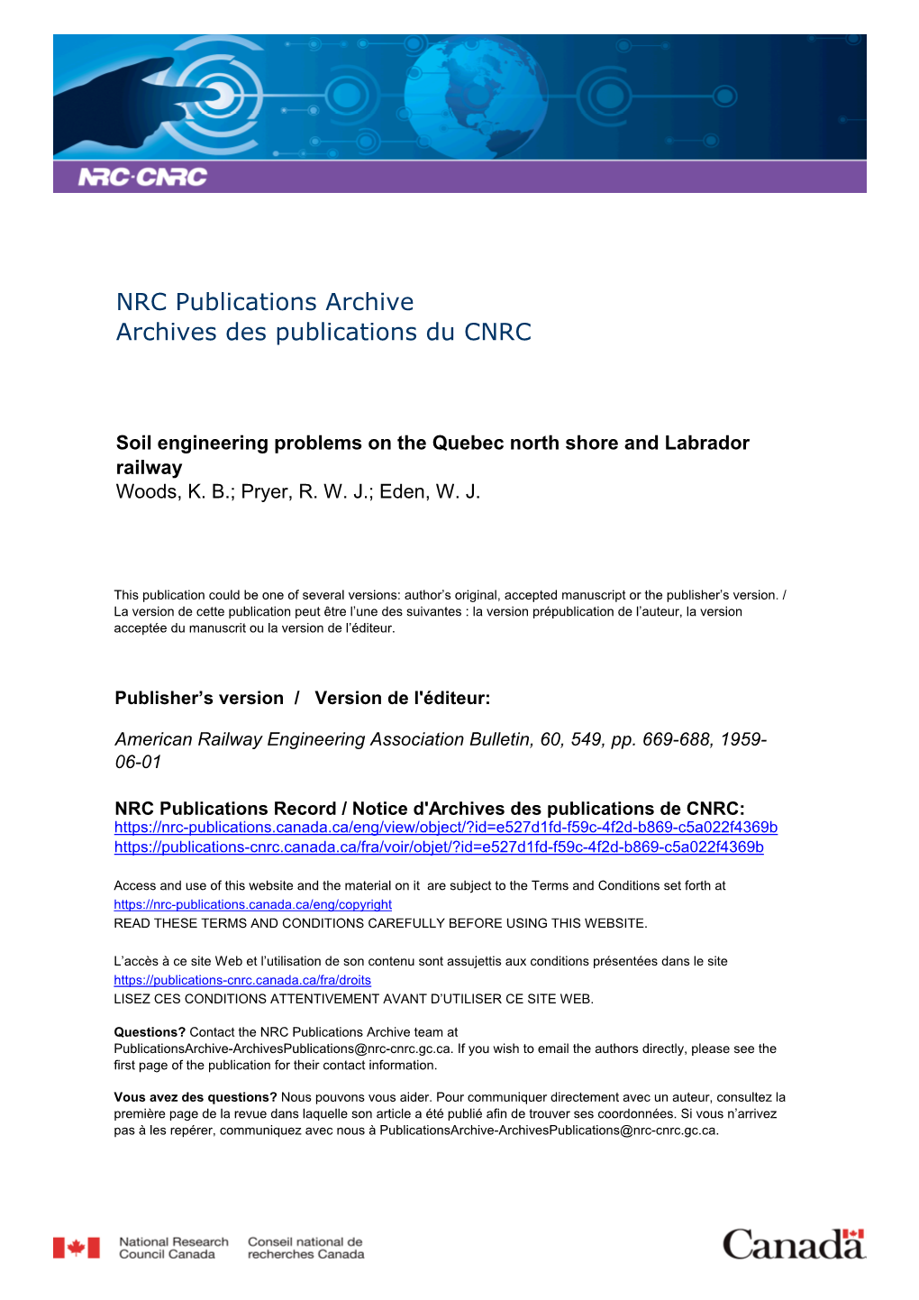 Soil Engineering Problems on the Quebec North Shore and Labrador Railway Woods, K