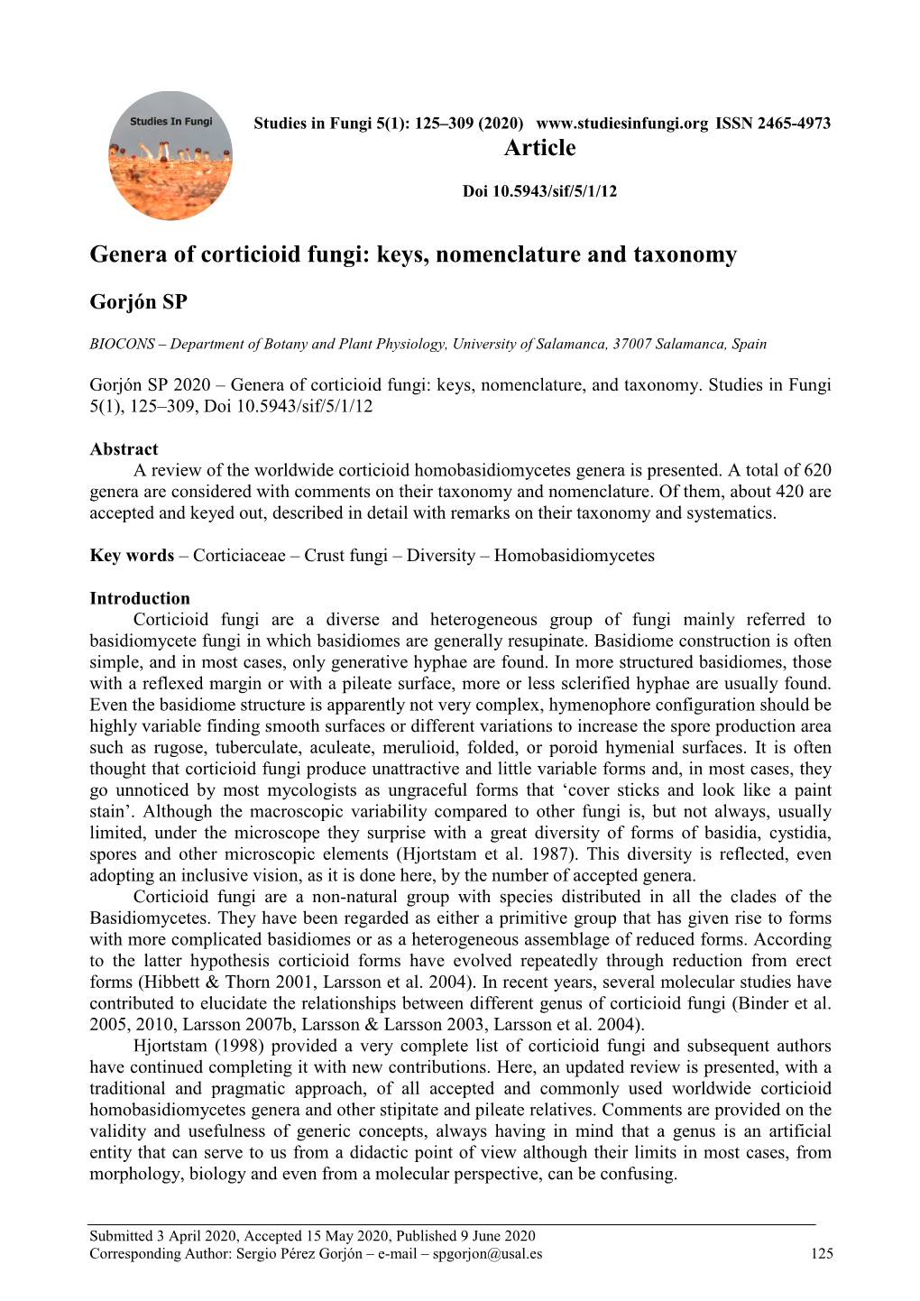 Genera of Corticioid Fungi: Keys, Nomenclature and Taxonomy Article