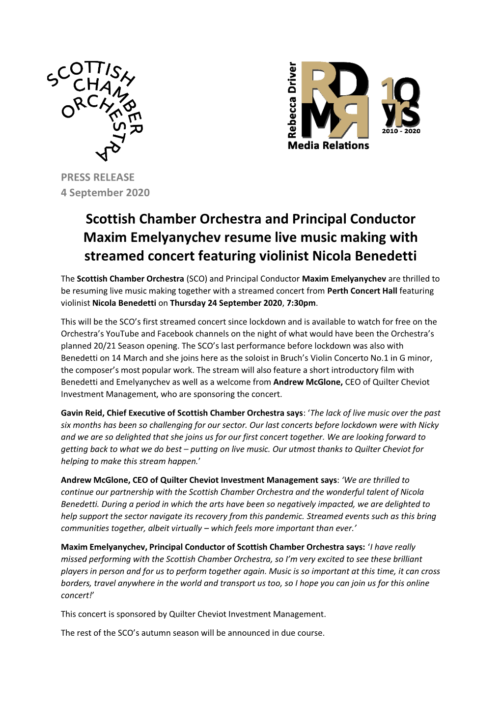 Scottish Chamber Orchestra and Principal Conductor Maxim Emelyanychev Resume Live Music Making with Streamed Concert Featuring Violinist Nicola Benedetti
