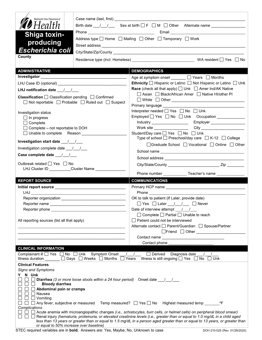 Reporting Form for Shiga Toxn-Producing Escherichia Coli