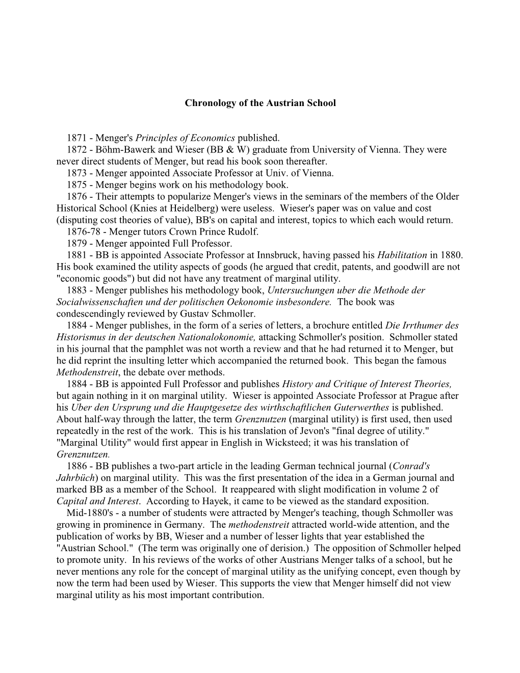 Chronology of the Austrian School