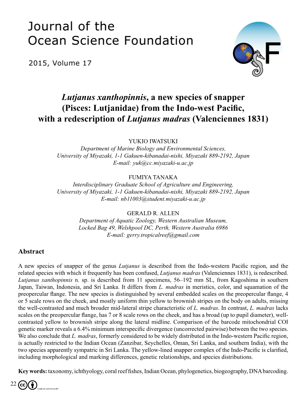 Lutjanus Xanthopinnis, a New Species of Snapper (Pisces: Lutjanidae) from the Indo-West Pacific, with a Redescription of Lutjanus Madras (Valenciennes 1831)