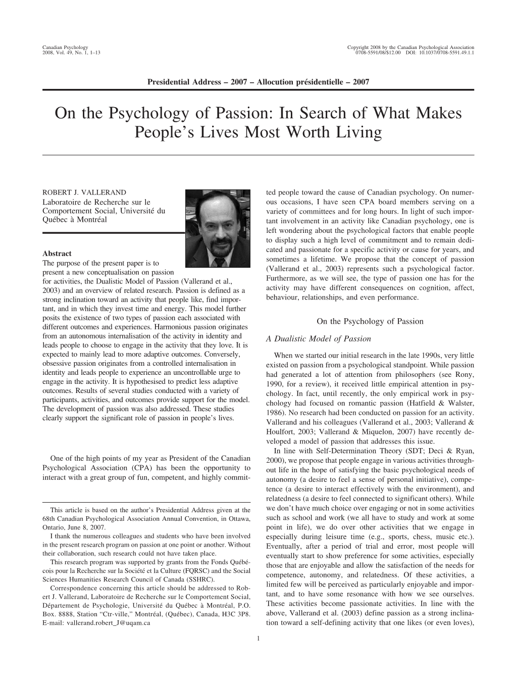 On the Psychology of Passion: in Search of What Makes People’S Lives Most Worth Living