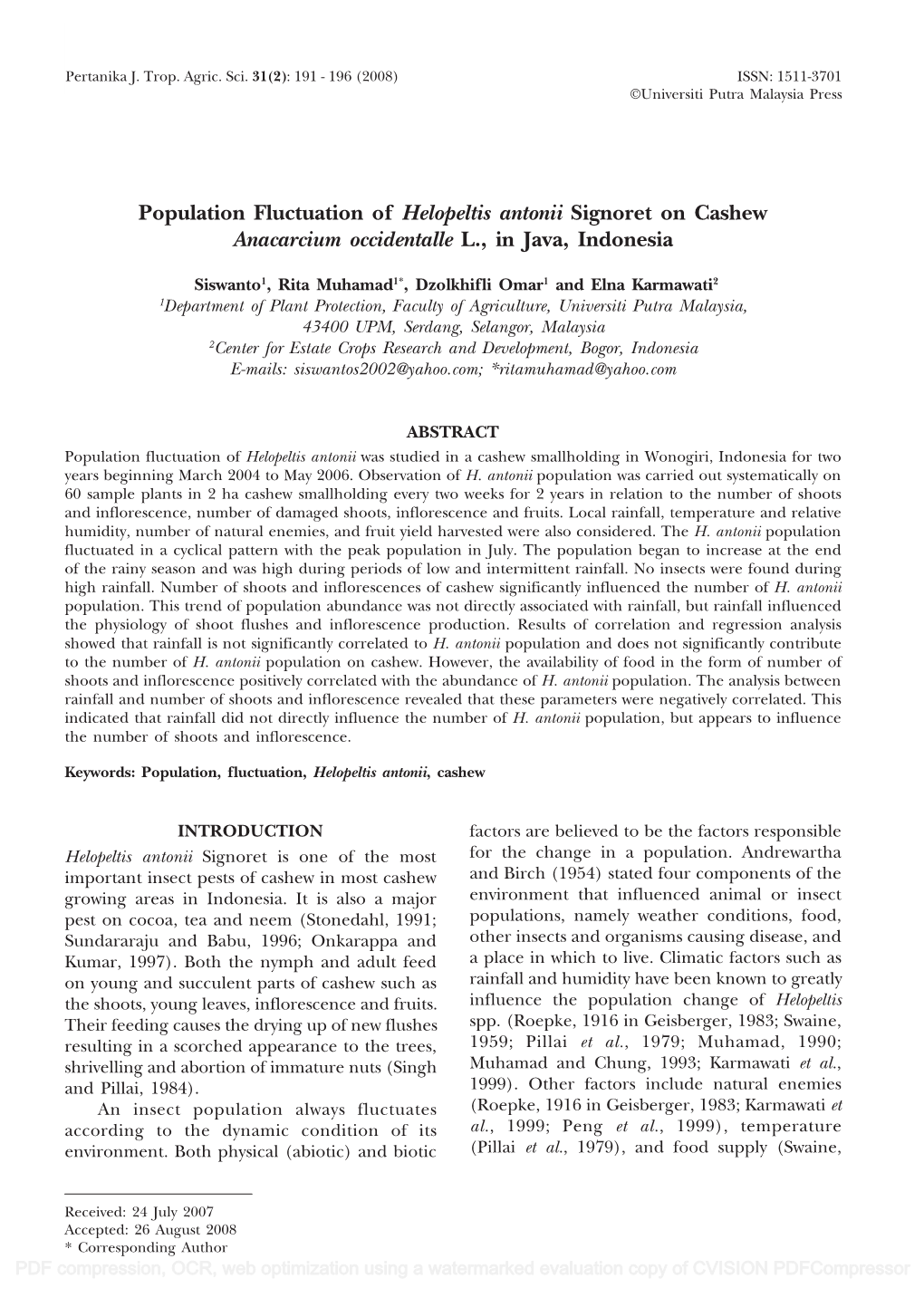 Population Fluctuation of Helopeltis Antonii Signoret on Cashew Anacarcium Occidentalle L., in Java, Indonesia