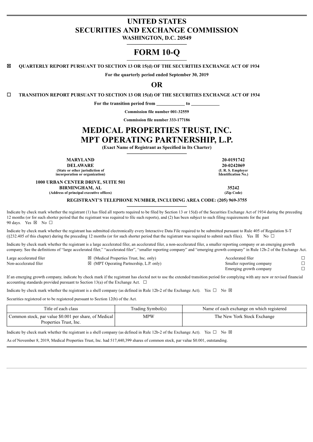 Form 10-Q Medical Properties Trust, Inc. Mpt Operating Partnership, L.P