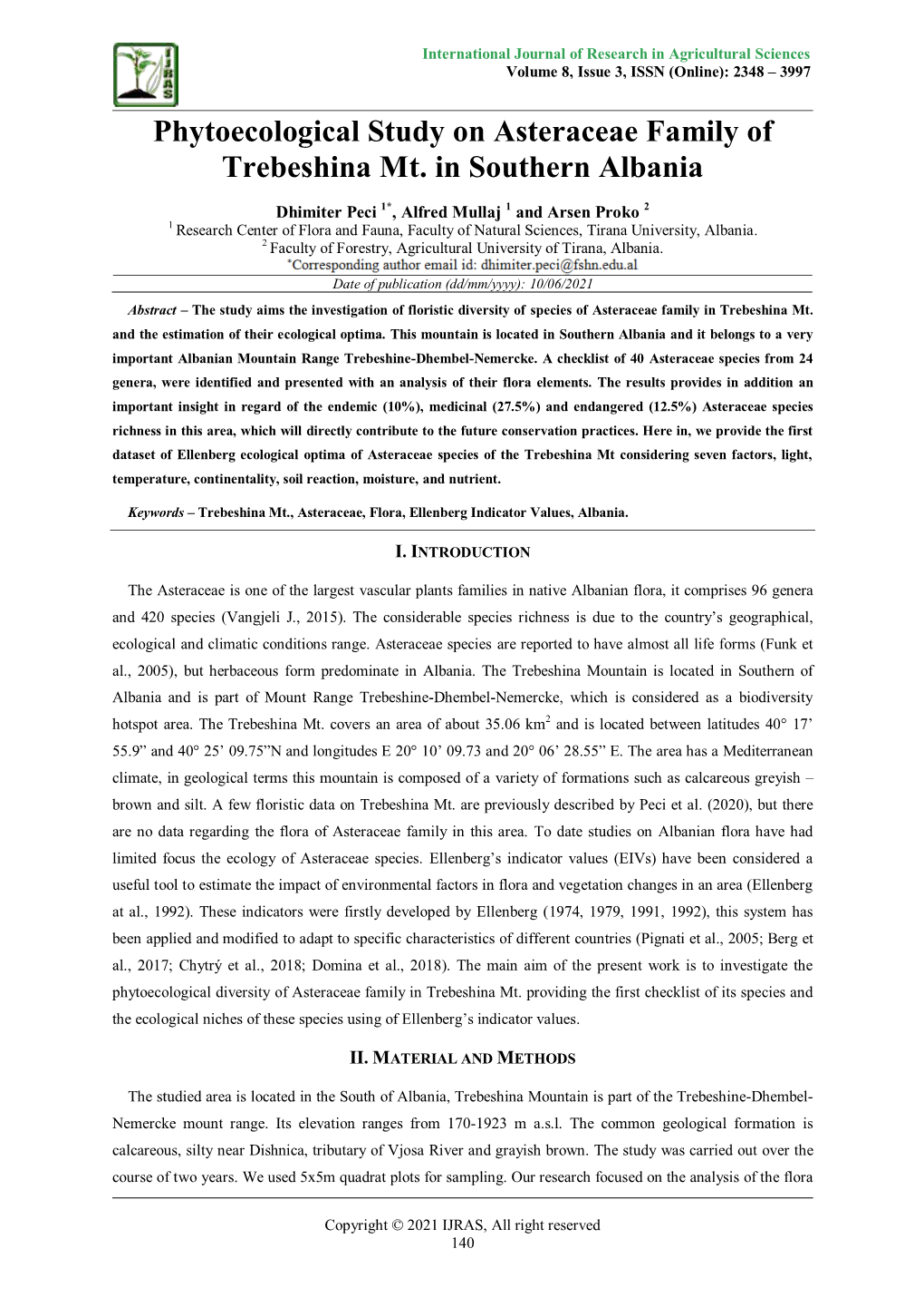 Phytoecological Study on Asteraceae Family of Trebeshina Mt. in Southern Albania