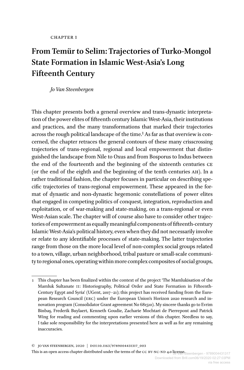 From Temür to Selim: Trajectories of Turko-Mongol State Formation in Islamic West-Asia’S Long Fifteenth Century