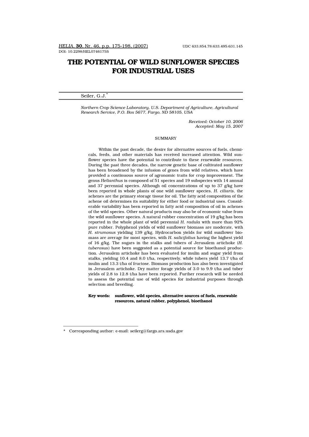 The Potential of Wild Sunflower Species for Industrial Uses