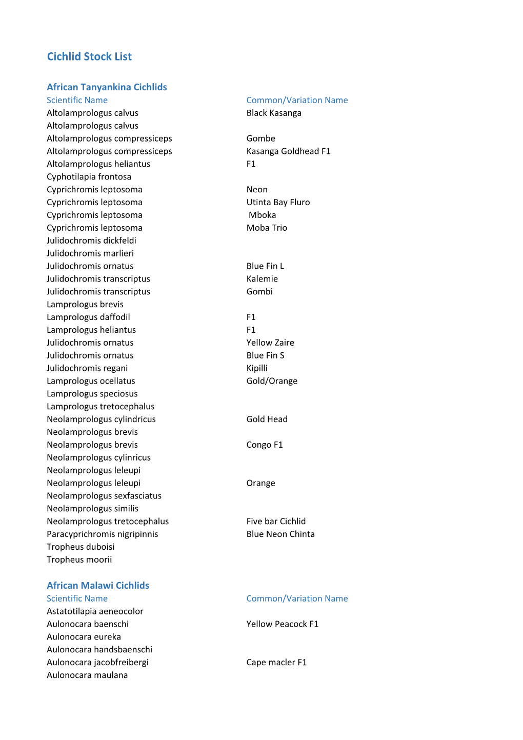 Cichlid Stock List