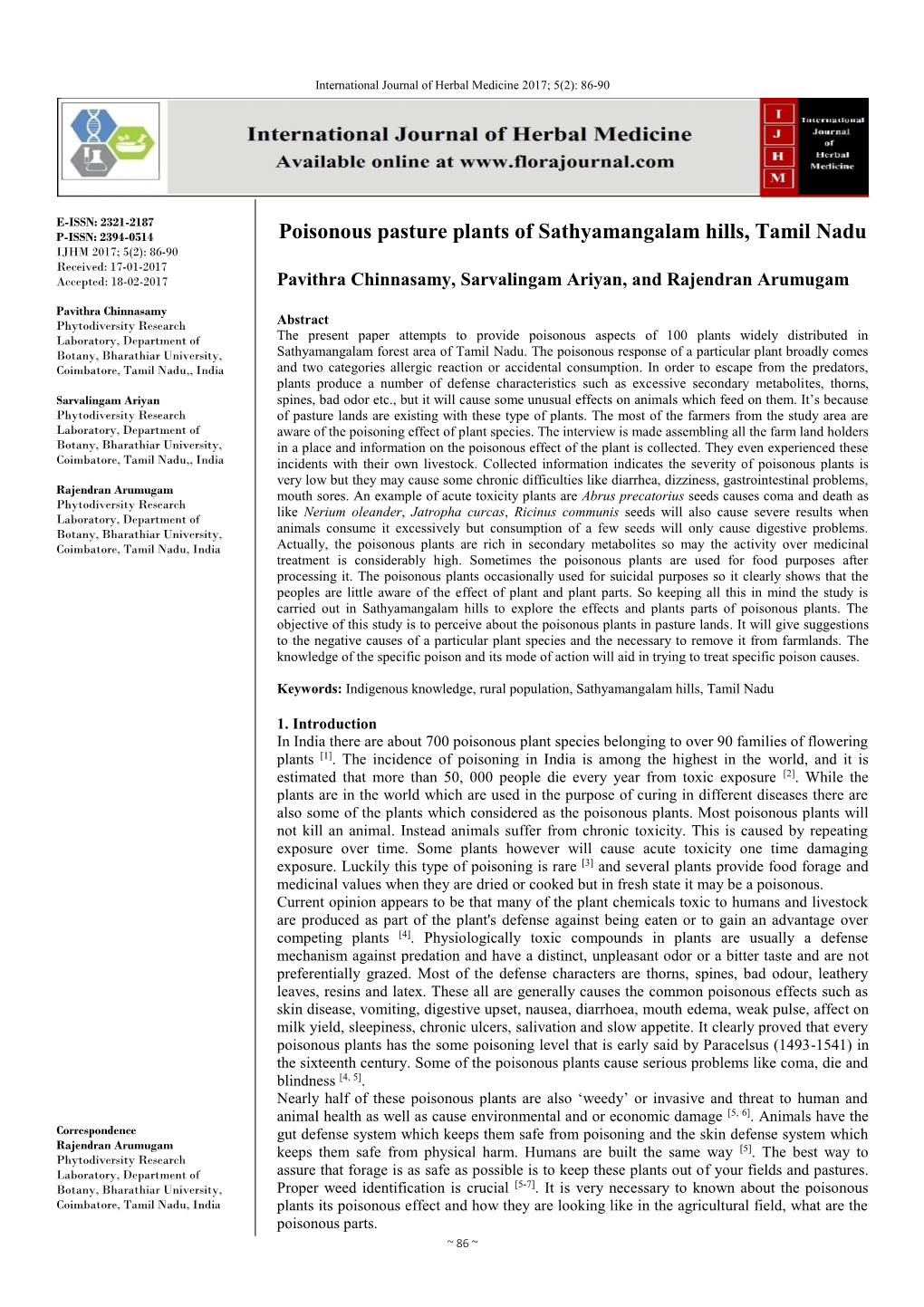 Poisonous Pasture Plants of Sathyamangalam Hills, Tamil Nadu