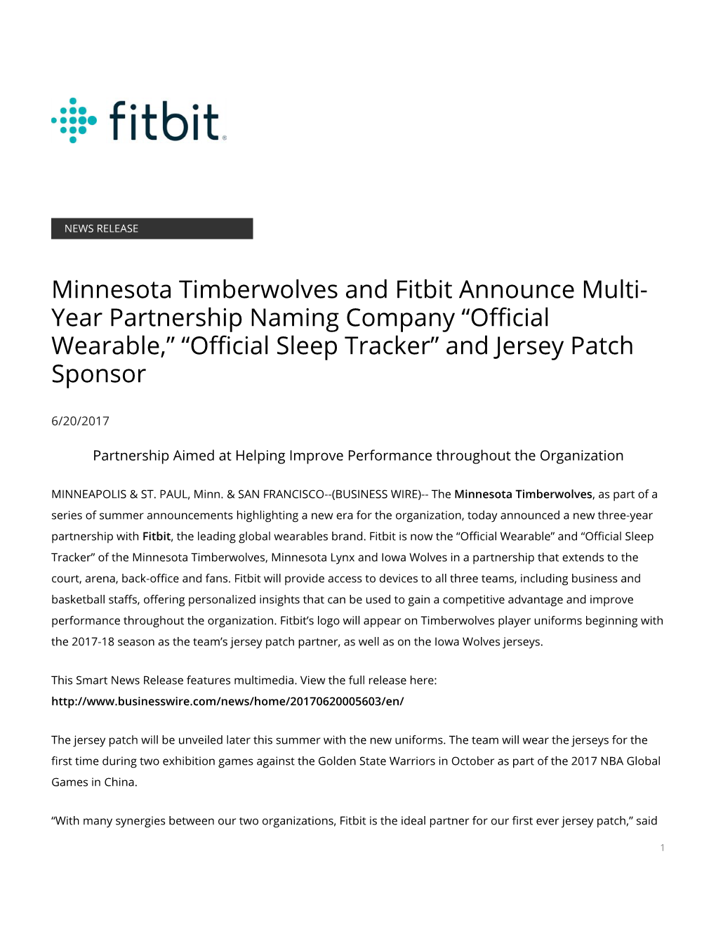 Minnesota Timberwolves and Fitbit Announce Multi- Year Partnership Naming Company “Official Wearable,” “Official Sleep Tracker” and Jersey Patch Sponsor