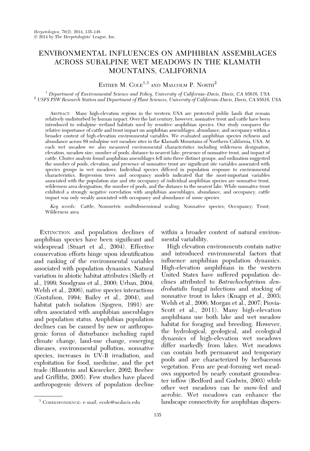 Environmental Influences on Amphibian Assemblages Across Subalpine Wet Meadows in the Klamath Mountains, California