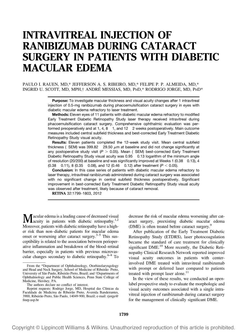 Intravitreal Injection of Ranibizumab During Cataract Surgery in Patients with Diabetic Macular Edema