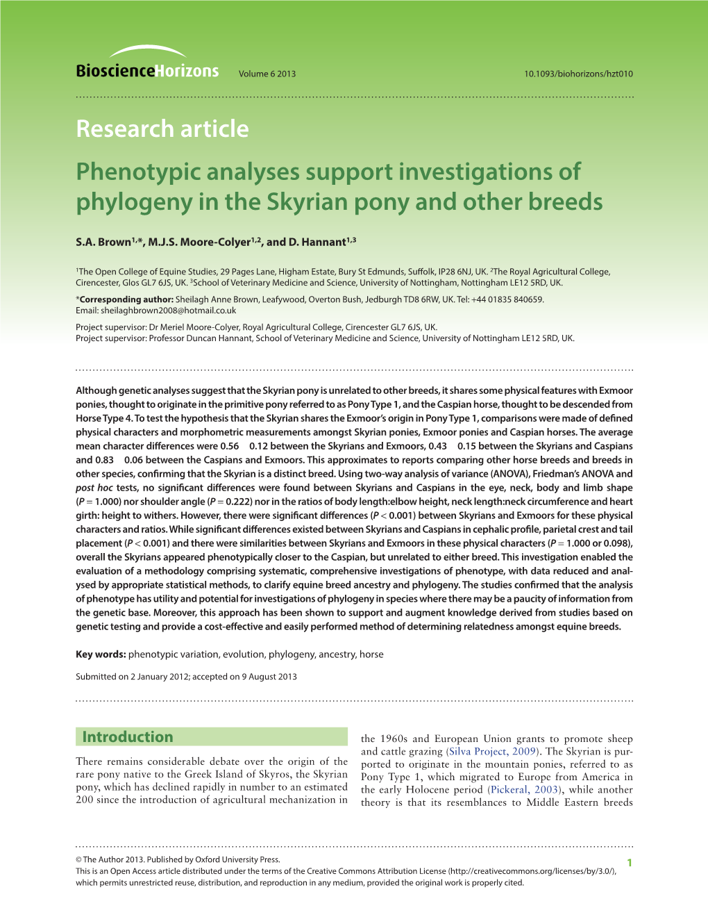 Phenotypic Analyses Support Investigations of Phylogeny in the Skyrian Pony and Other Breeds